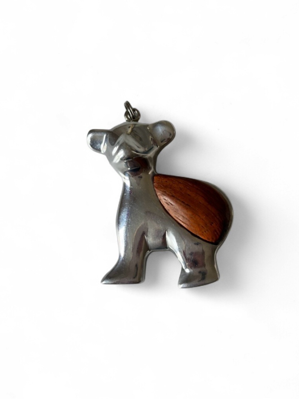 Vintage Wood & Silver Bear Pendant Necklace Charm